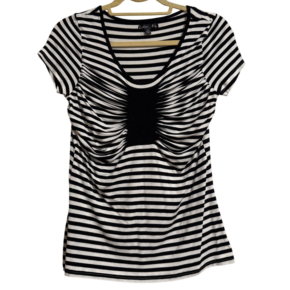 Color FX Womens Black White Striped Ruched V-Neck Short Sleeve Top Medium